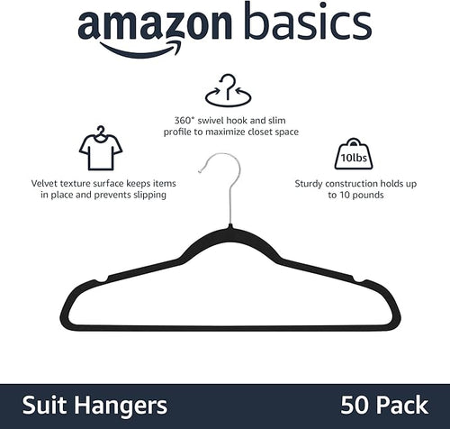 Basics Slim Velvet Non-Slip Space Saving Suit Clothes Hangers, Closet Organizer, Black, 50-Pack
